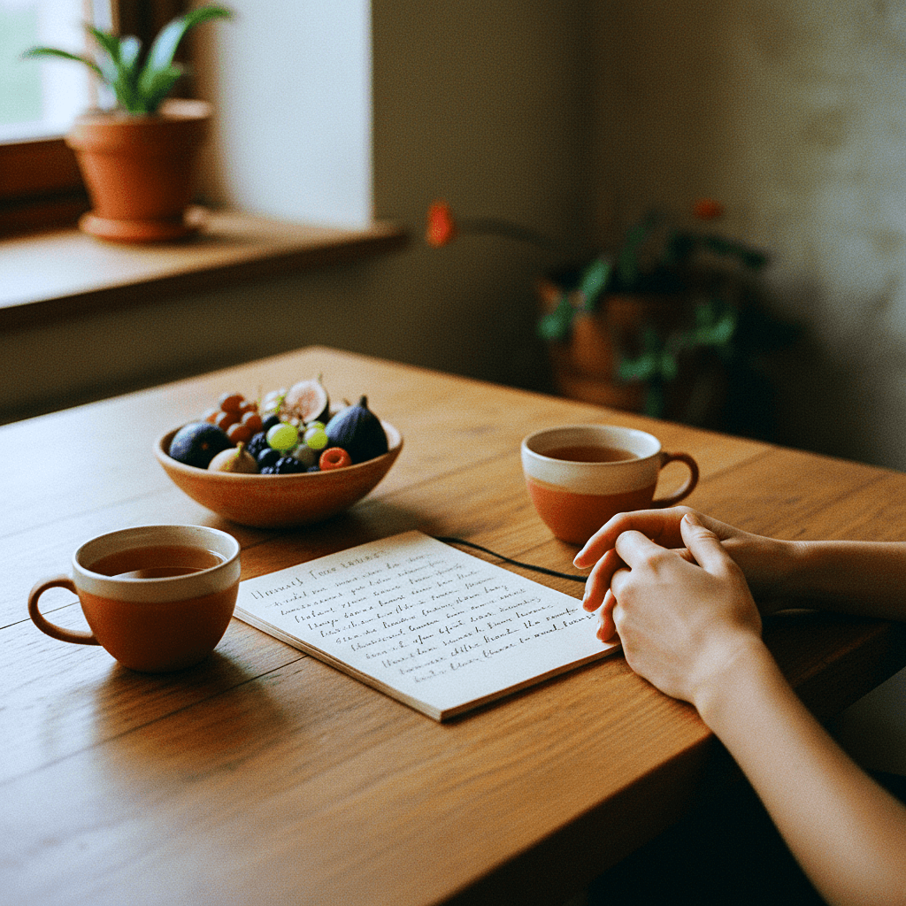 A warm, unrushed nutrition conversation at a kitchen table