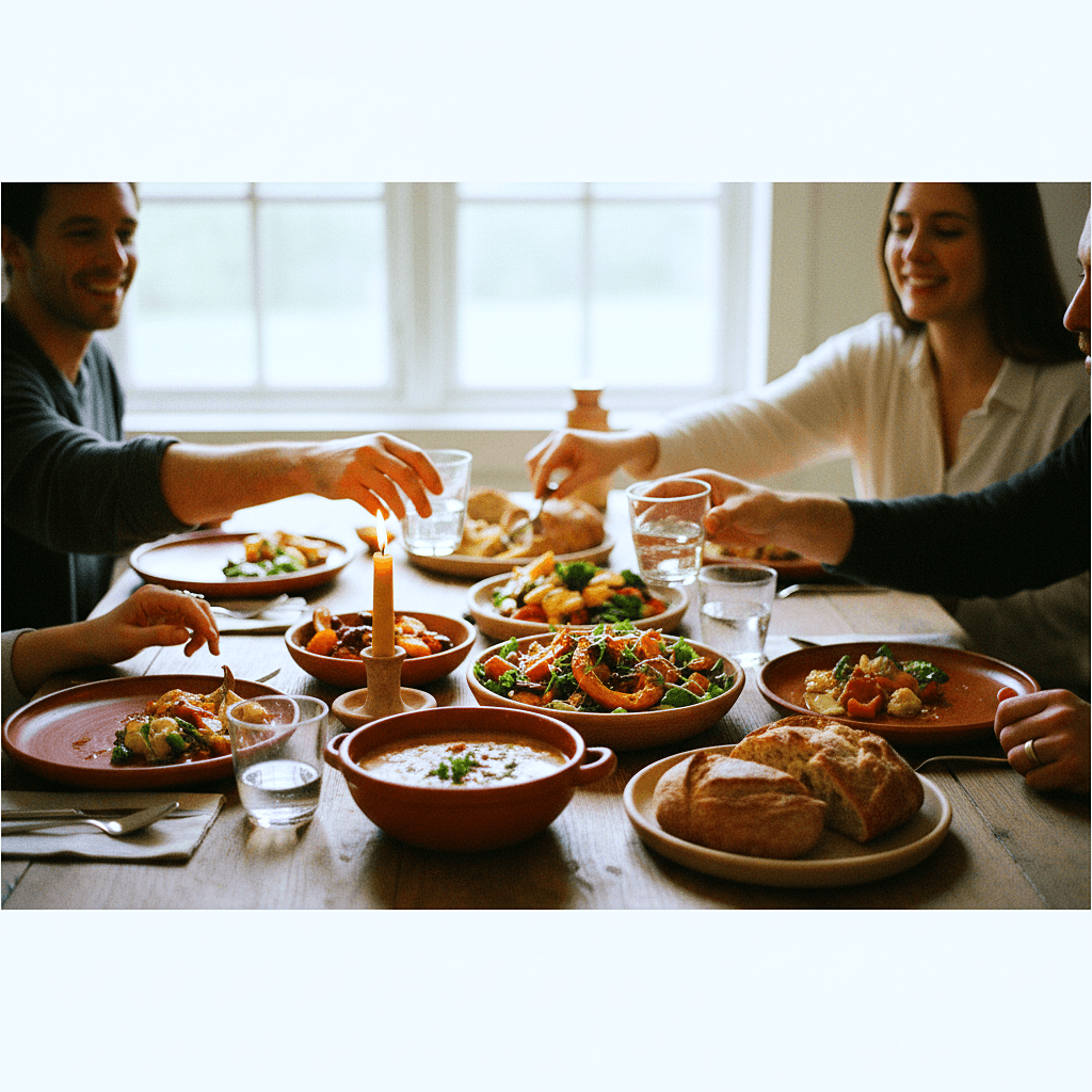 Friends sharing a colorful meal around a welcoming table